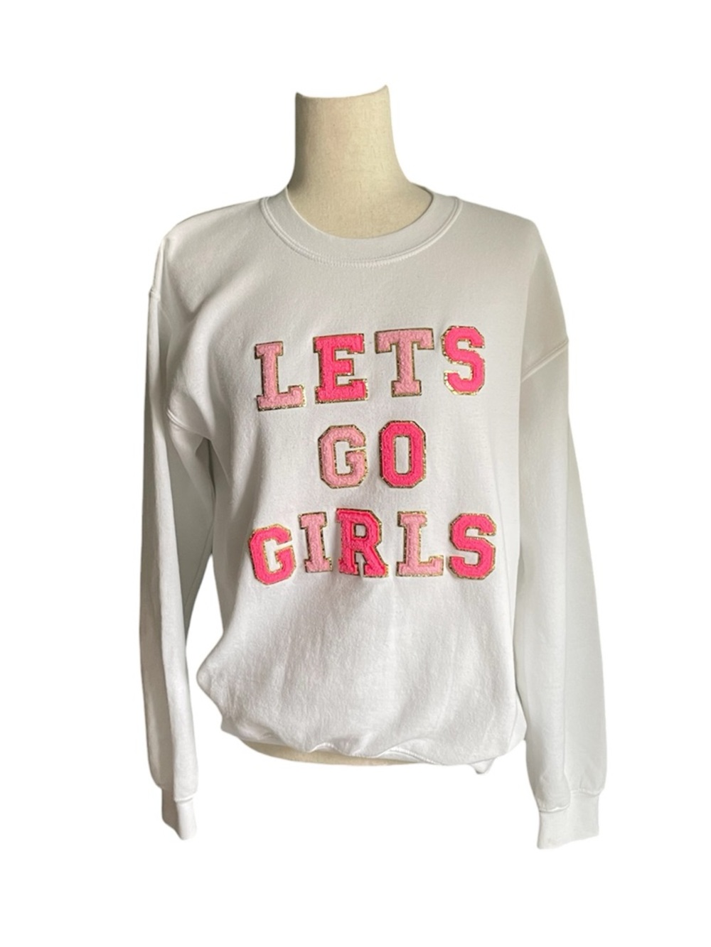 White "LETS GO GIRLS" glitter Appliqué crewneck Sweatshirt Shania Twain Lyrics S